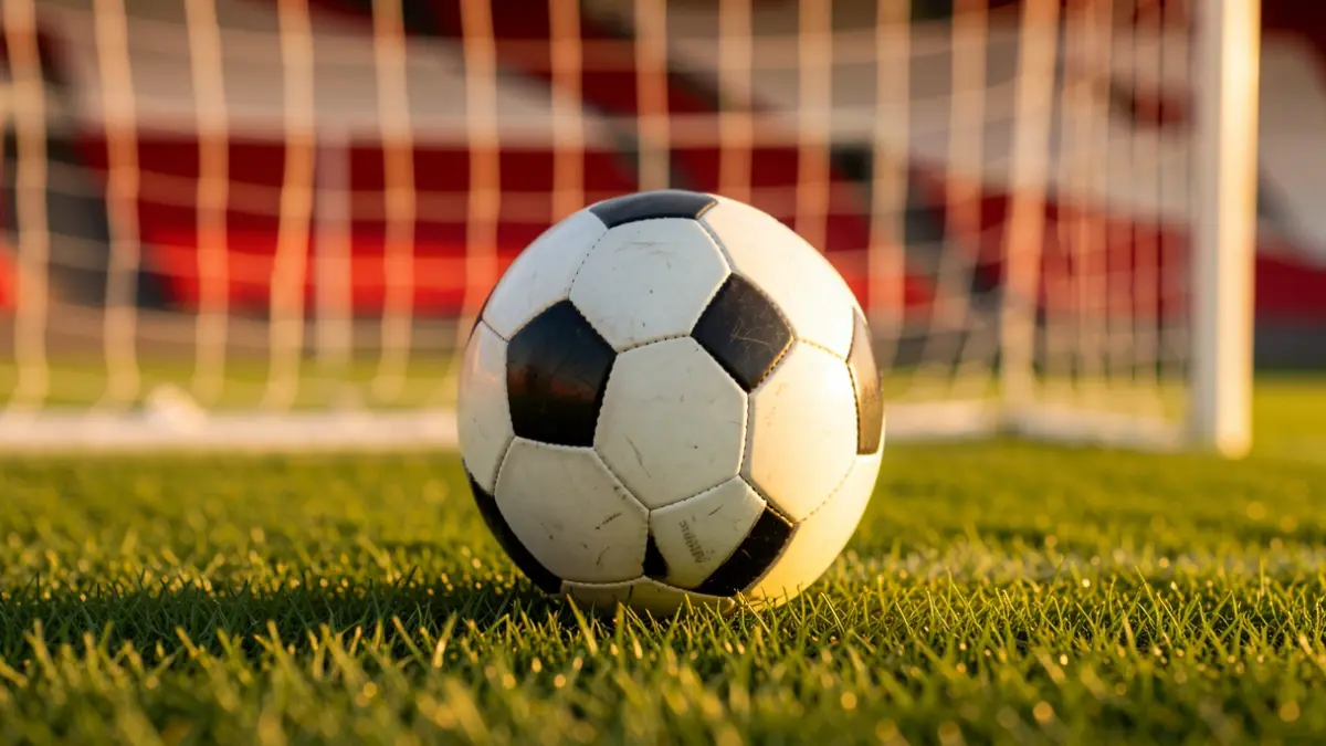 Generic image of a soccer ball on grass with the goal net blurred in the background.