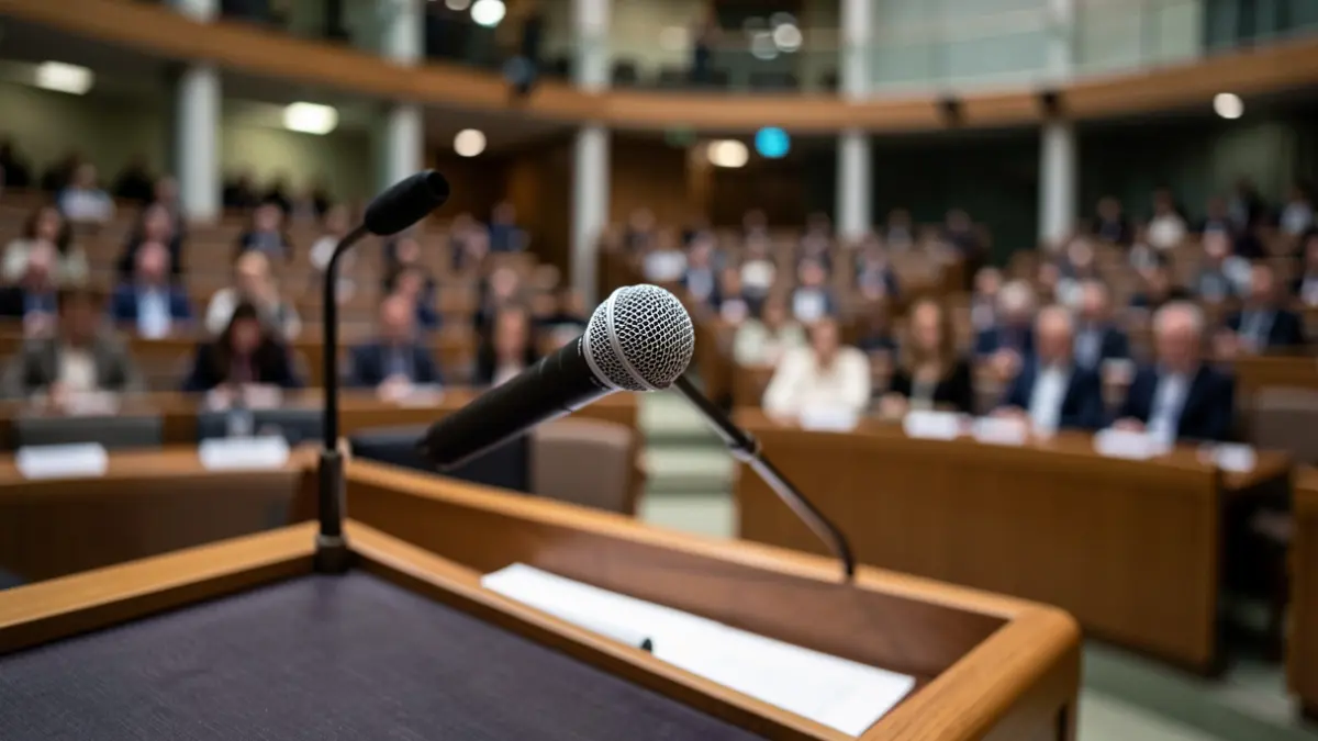 Generic image of a microphone on a podium in a plenary hall.