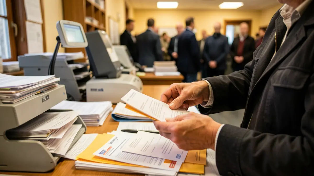 Generic image of a postal worker's hands sorting letters and packages in a Correos office.