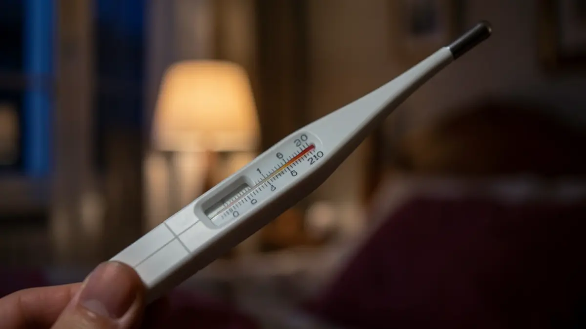 Generic image of a medical thermometer showing high fever in a nighttime setting.