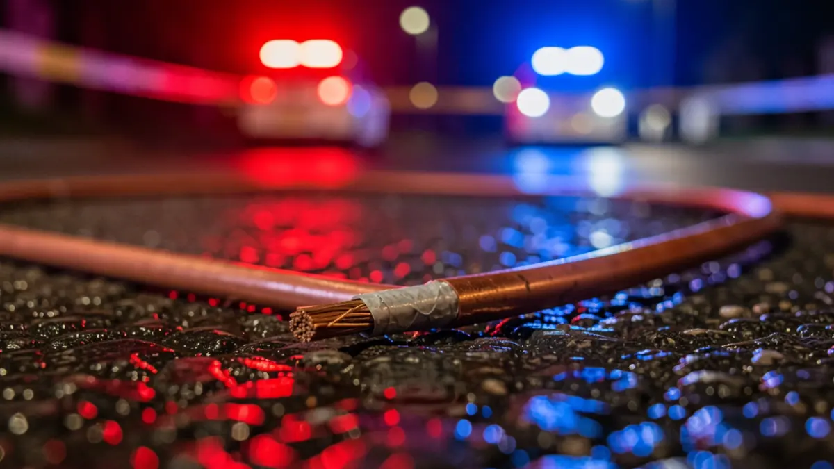 Stolen and stripped copper cable on the ground, with police emergency lights reflecting on the wet asphalt.