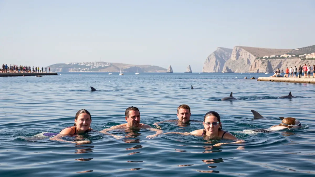 Image of four swimmers completing the Strait of Gibraltar swim crossing.