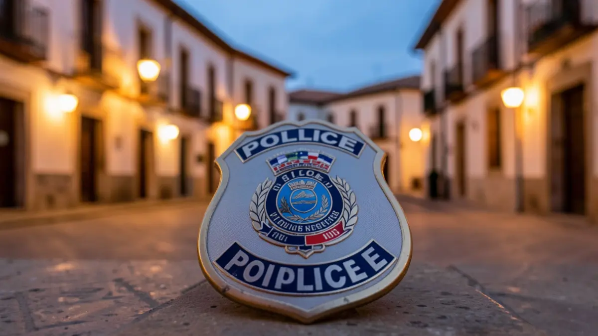 Imagen genérica de una placa de policía con un fondo borroso de una plaza de pueblo español al atardecer.