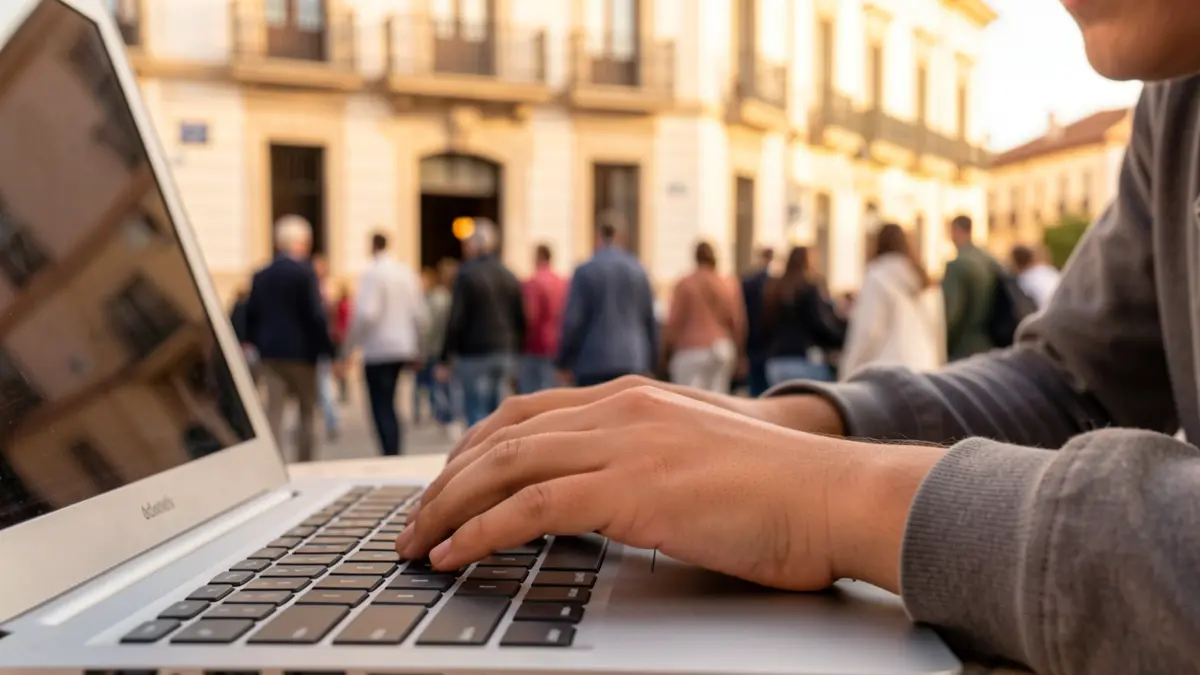 Close-up of young hands typing on a laptop, with a blurred municipal building facade in the background.