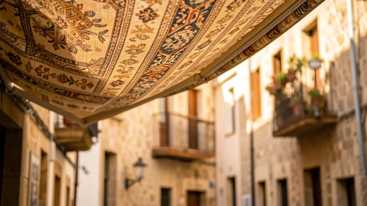 Detalle de un toldo textil en una calle histórica de Andalucía.