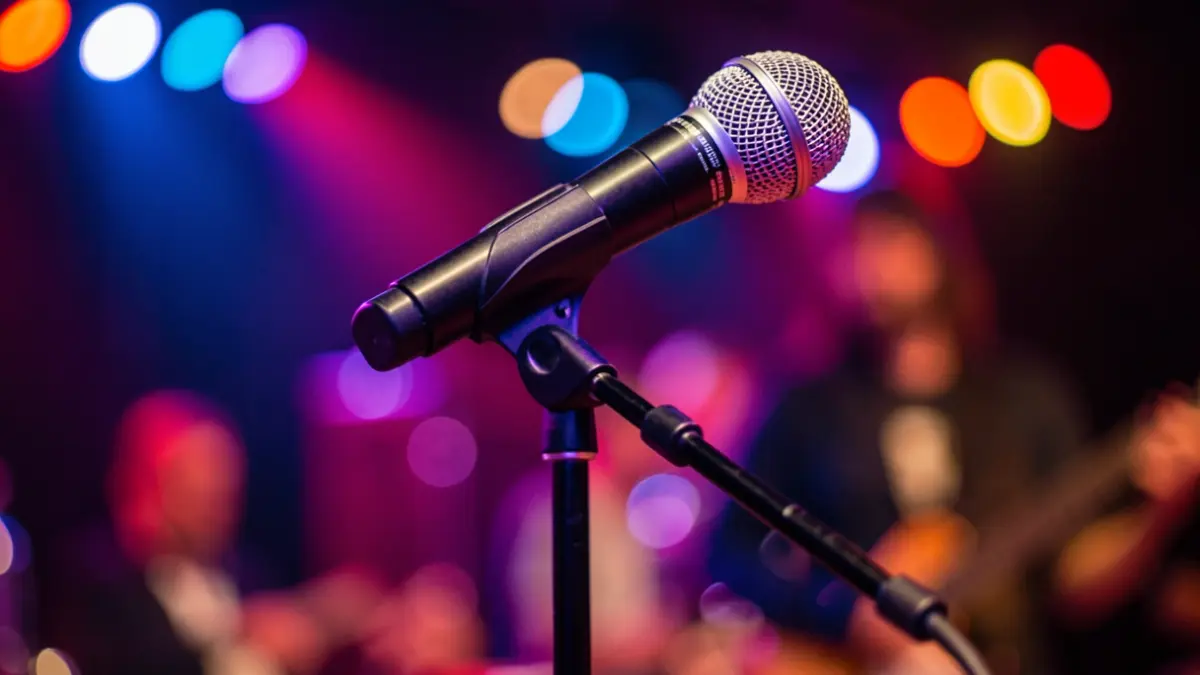 Generic image of a microphone on a stage.