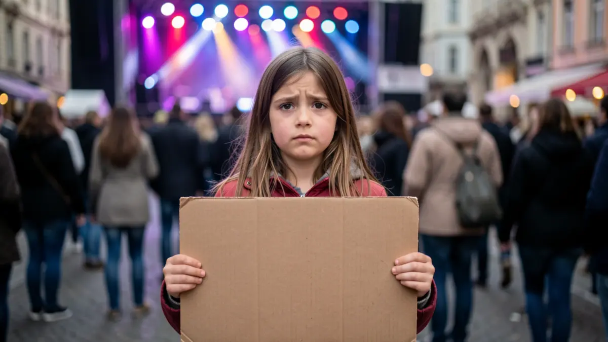 Imagen de una niña con un cartel en un concierto.