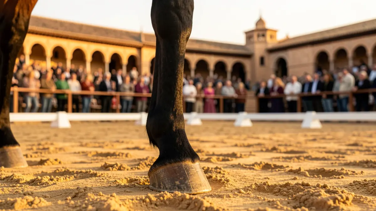 Primer plano de los cascos de un caballo en una pista de doma vaquera con las Caballerizas Reales de Córdoba al fondo.