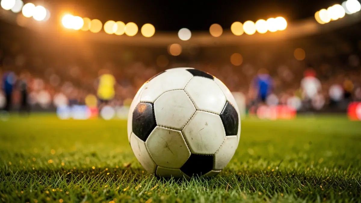Imagen genérica de un balón de fútbol sobre césped con luces de estadio desenfocadas.