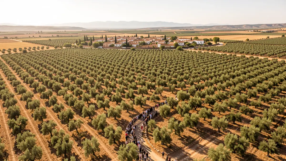 Aerial view of vast Andalusian olive groves under a bright sun, with a small rural town in the distance.
