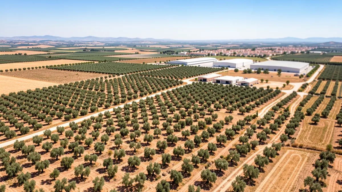 Aerial view of vast olive groves and agricultural fields in Andalusia under a bright sun, with modern agri-food facilities and a distant town.