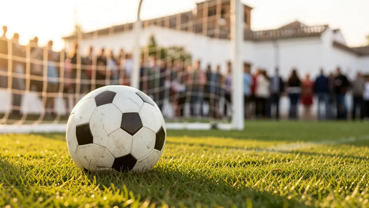 Generic image of a soccer ball on grass at sunset.