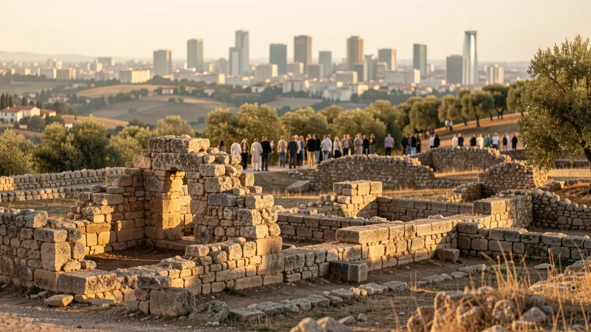 Ancient ruins partially excavated with a modern city in the background during sunset light.
