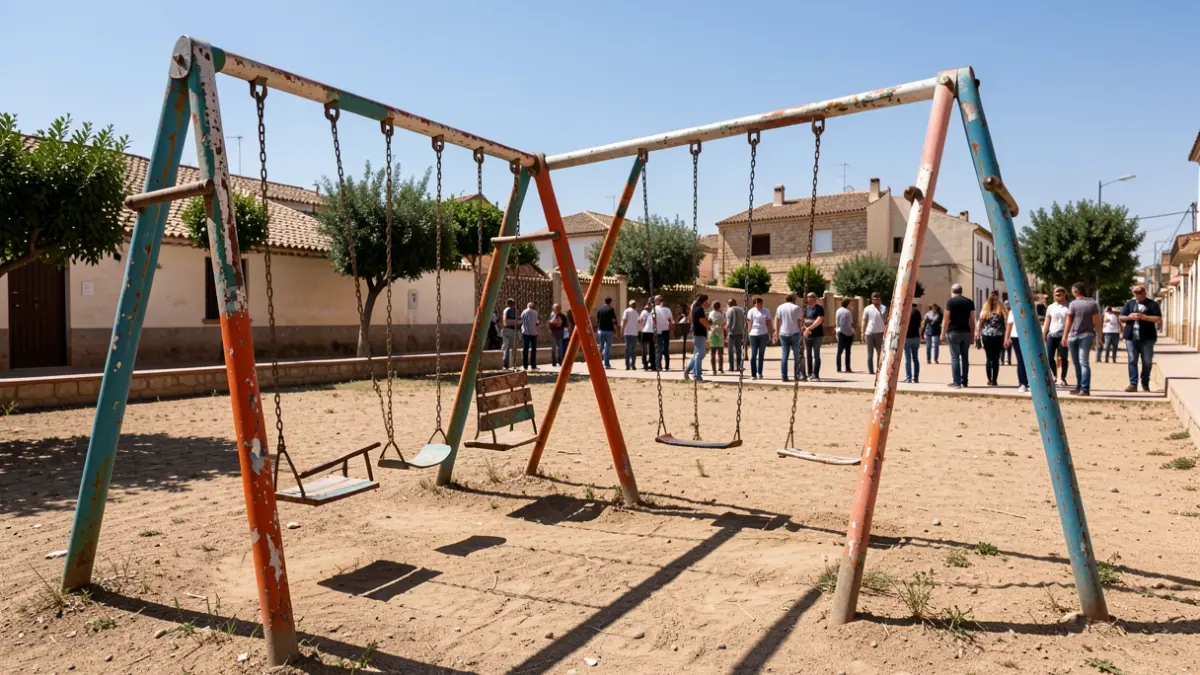 Deteriorated children's playground in Linares lacking shade and maintenance.