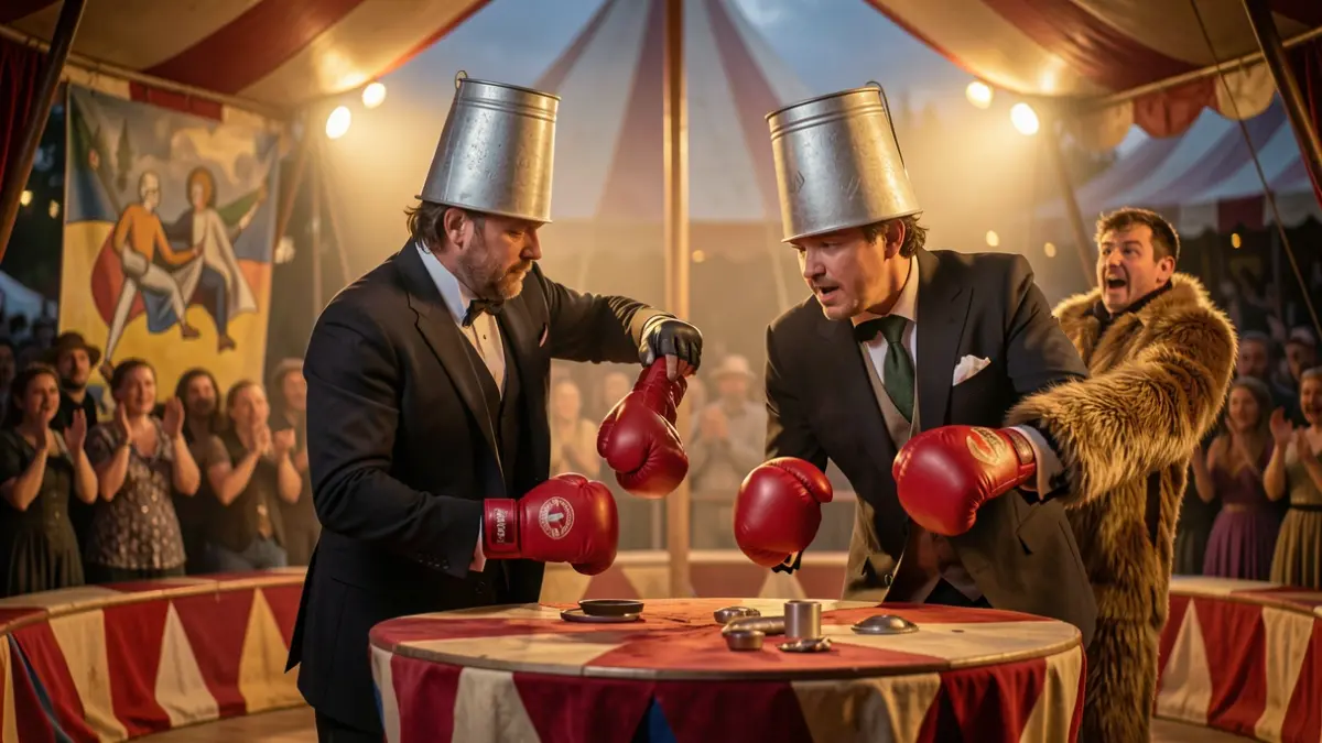 Dos artistas de circo surrealista manipulando objetos con guantes de boxeo, uno con un cubo en la cabeza.