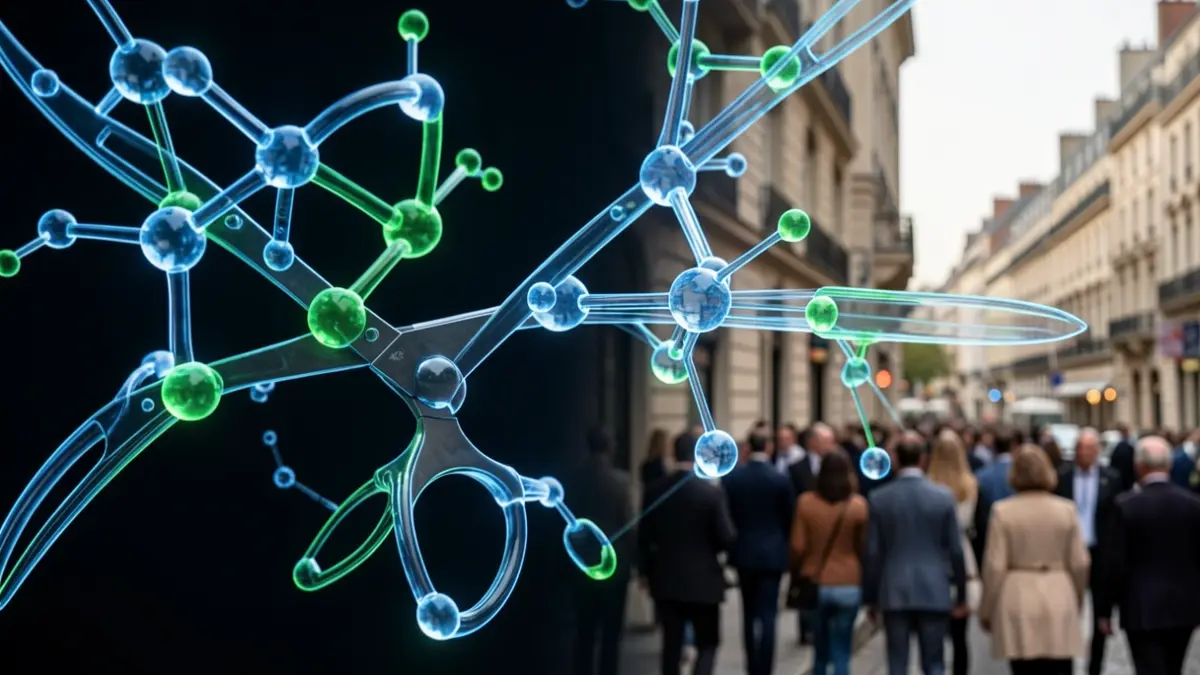 Imagen abstracta de estructuras moleculares con forma de tijeras, representando la tecnología de edición genética.