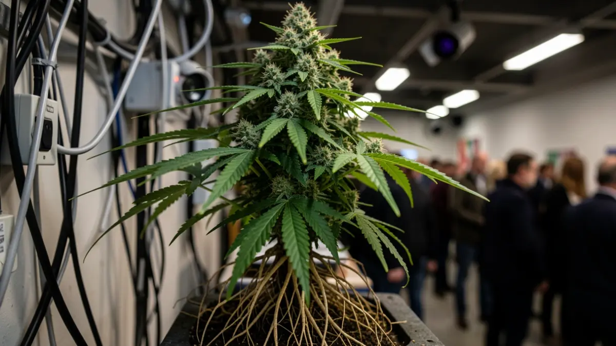Cannabis plant in advanced flowering stage within an illegal indoor cultivation.