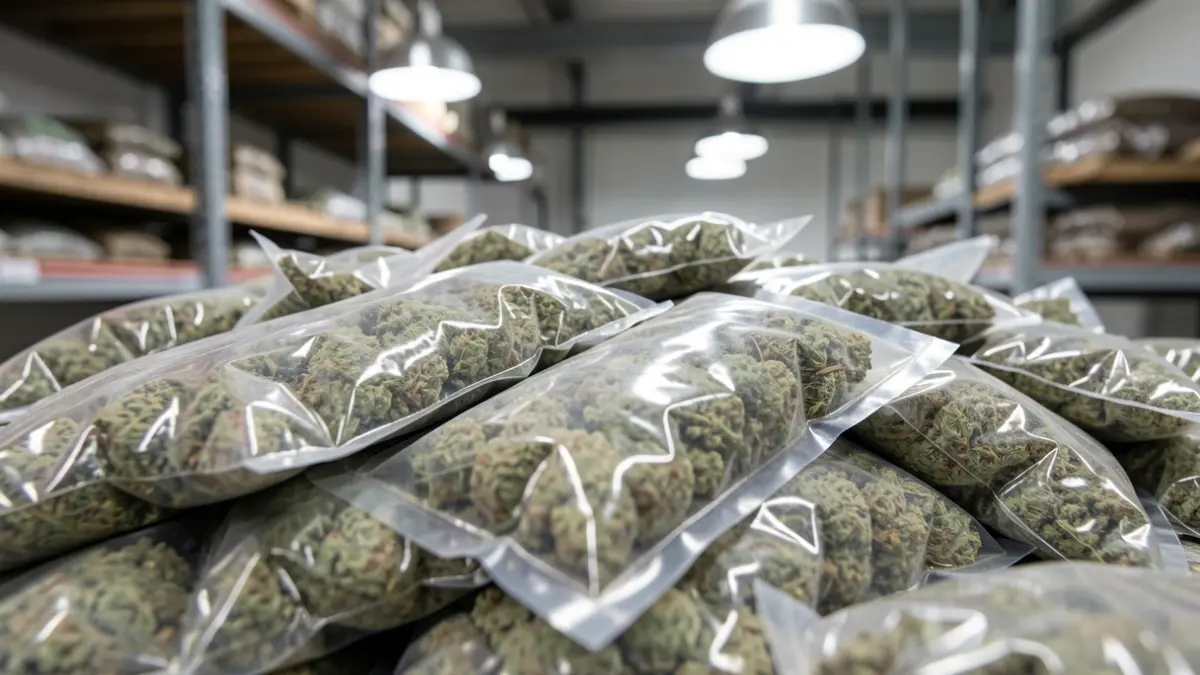 Image of vacuum-sealed marijuana bags seized in an industrial warehouse.