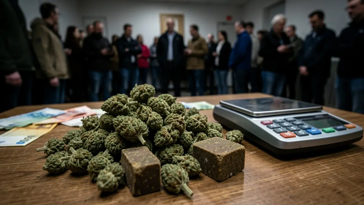 Image of seized dried marijuana buds, hashish, a scale, and euro banknotes.