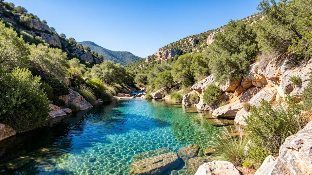 Imagen genérica de una poza natural en la Sierra de Jaén con vegetación y cielo azul.