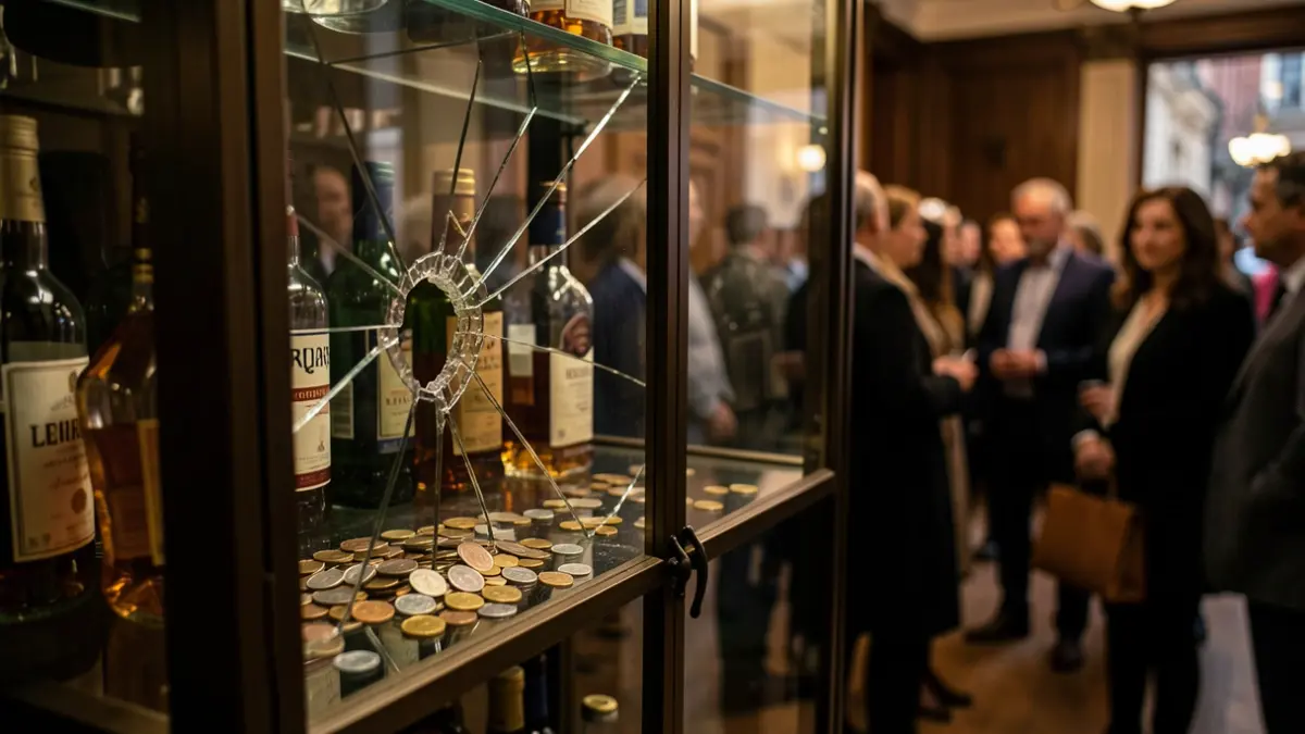 Primer plano de una vitrina rota con monedas y botellas de licor en el interior de un establecimiento comercial.