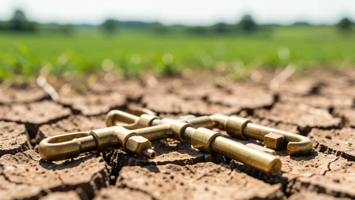 Close-up of brass irrigation keys scattered on dry, cracked earth in a field.