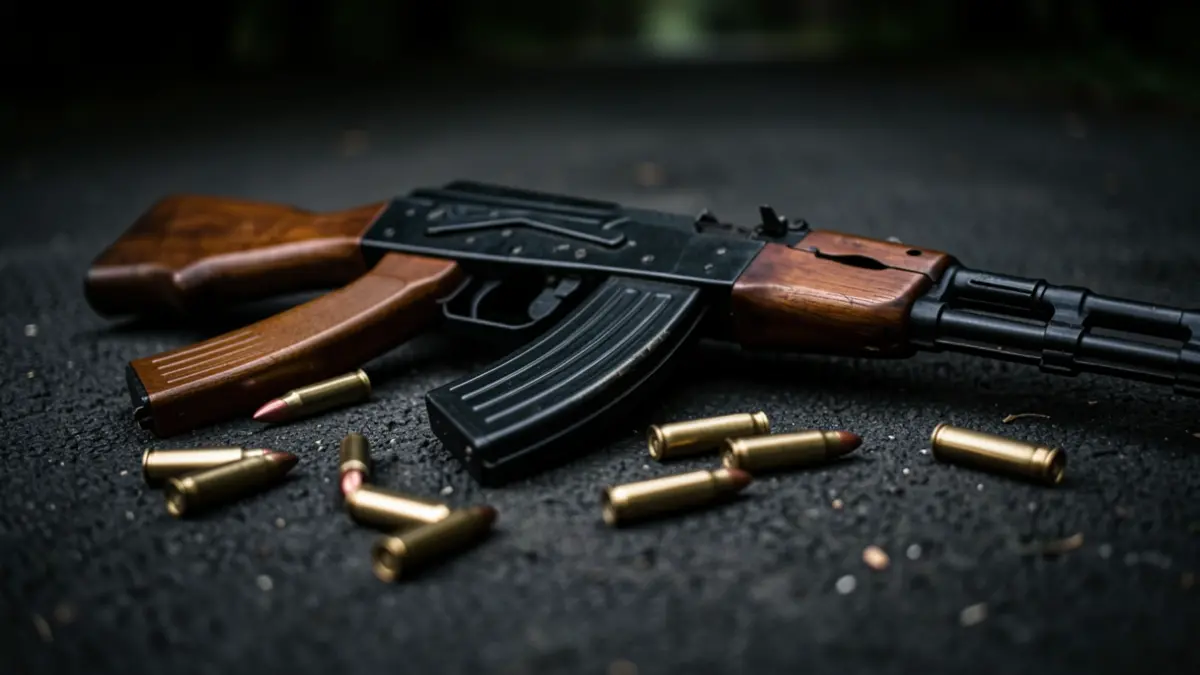 Image of an AK-47 rifle and bullet casings seized by the National Police.