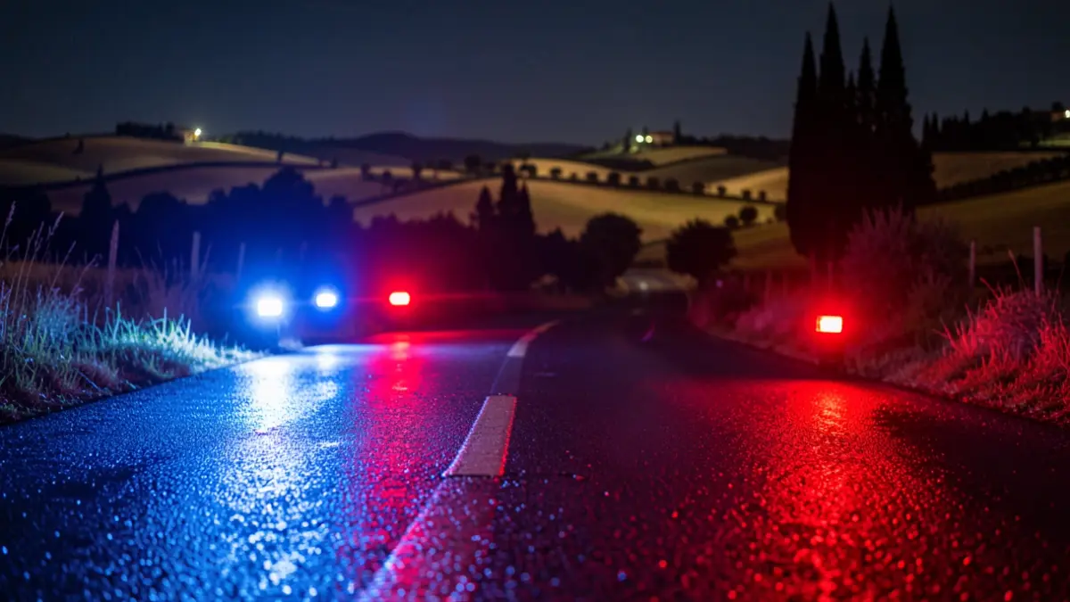 Imagen genérica de luces de emergencia policiales reflejándose en el asfalto mojado por la noche.