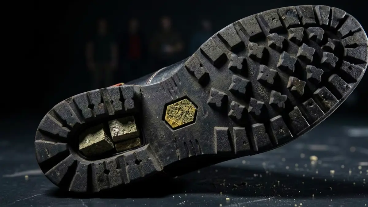 Primer plano de la suela de un zapato con compartimentos ocultos que contienen bloques de hachís.