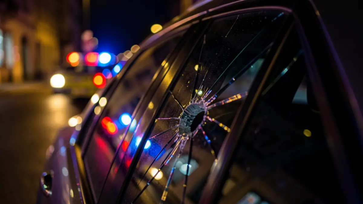 Imagen genérica de luces de policía reflejándose en cristales rotos.