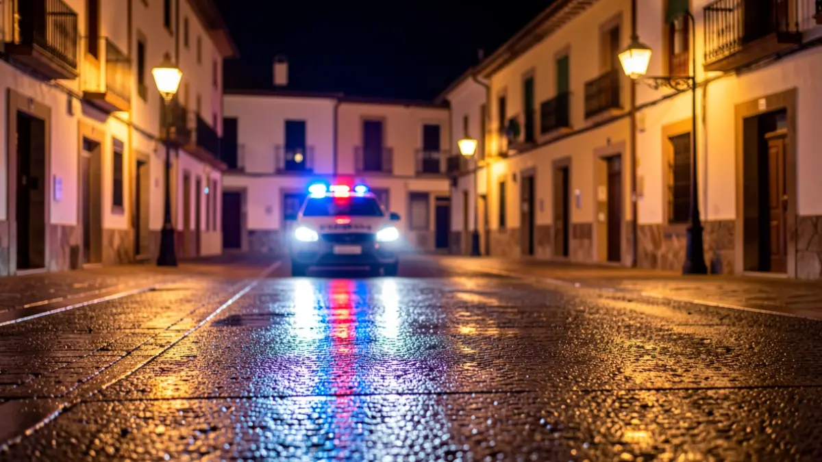 Imagen genérica de luces de emergencia policiales reflejándose en el asfalto mojado por la noche.