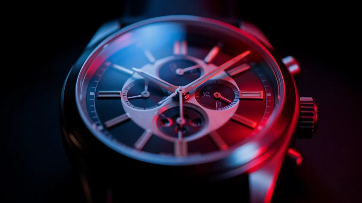 Close-up of a luxury watch face, reflecting blue and red emergency lights.