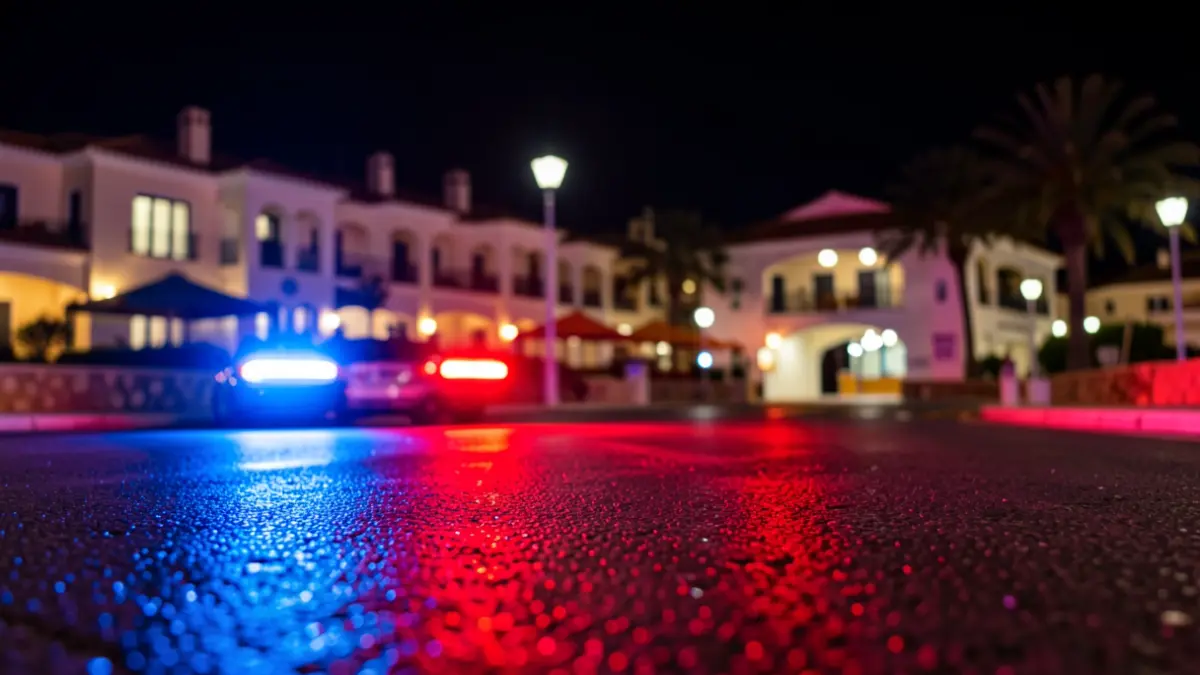 Generic image of police emergency lights reflecting on wet asphalt near a beach club entrance in Estepona.