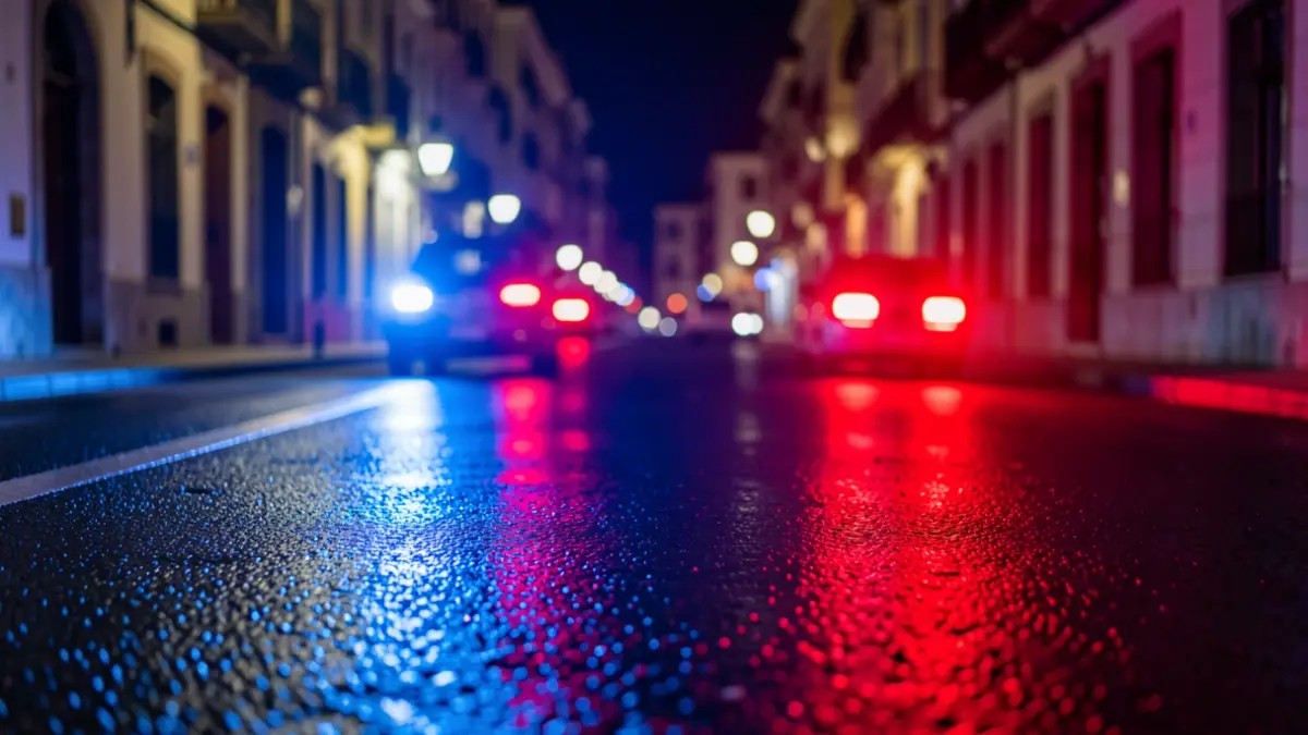 Generic image of police emergency lights reflecting on wet asphalt at night.