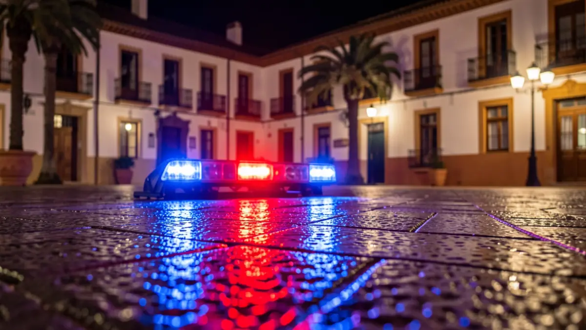 Imagen genérica de luces de emergencia policiales reflejándose en el asfalto mojado por la noche en una plaza española.
