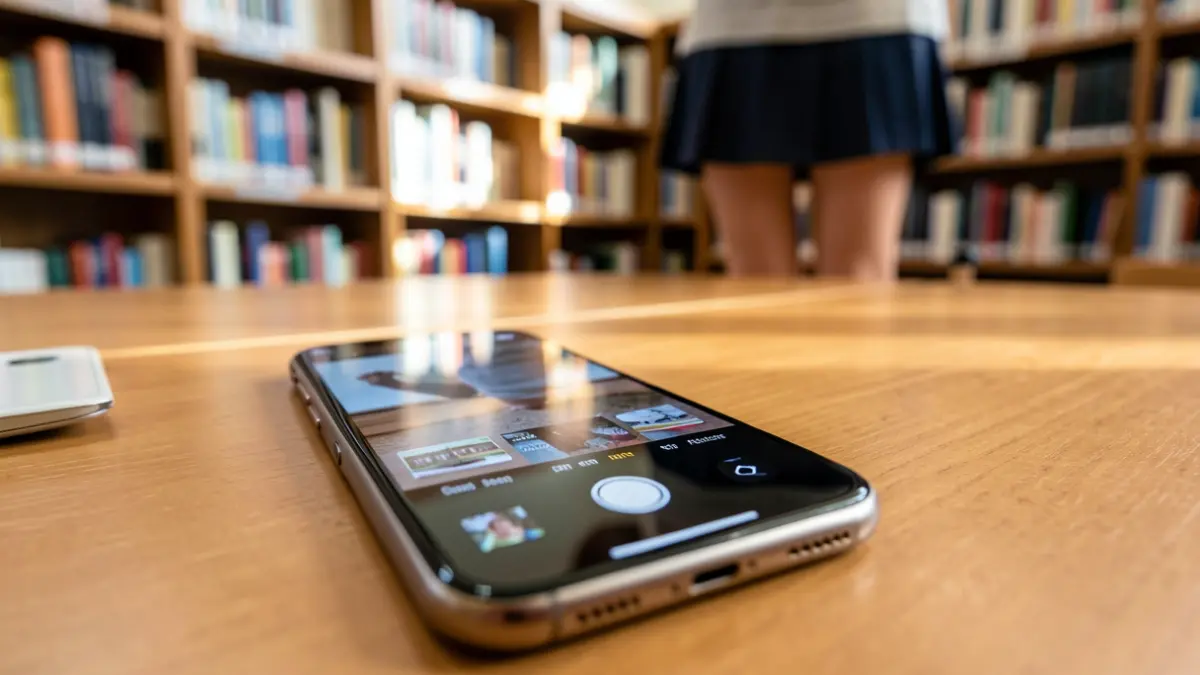 Close-up of a smartphone hidden under a table, showing the camera interface, with blurred legs and a minifiskirt in the background in a university library.