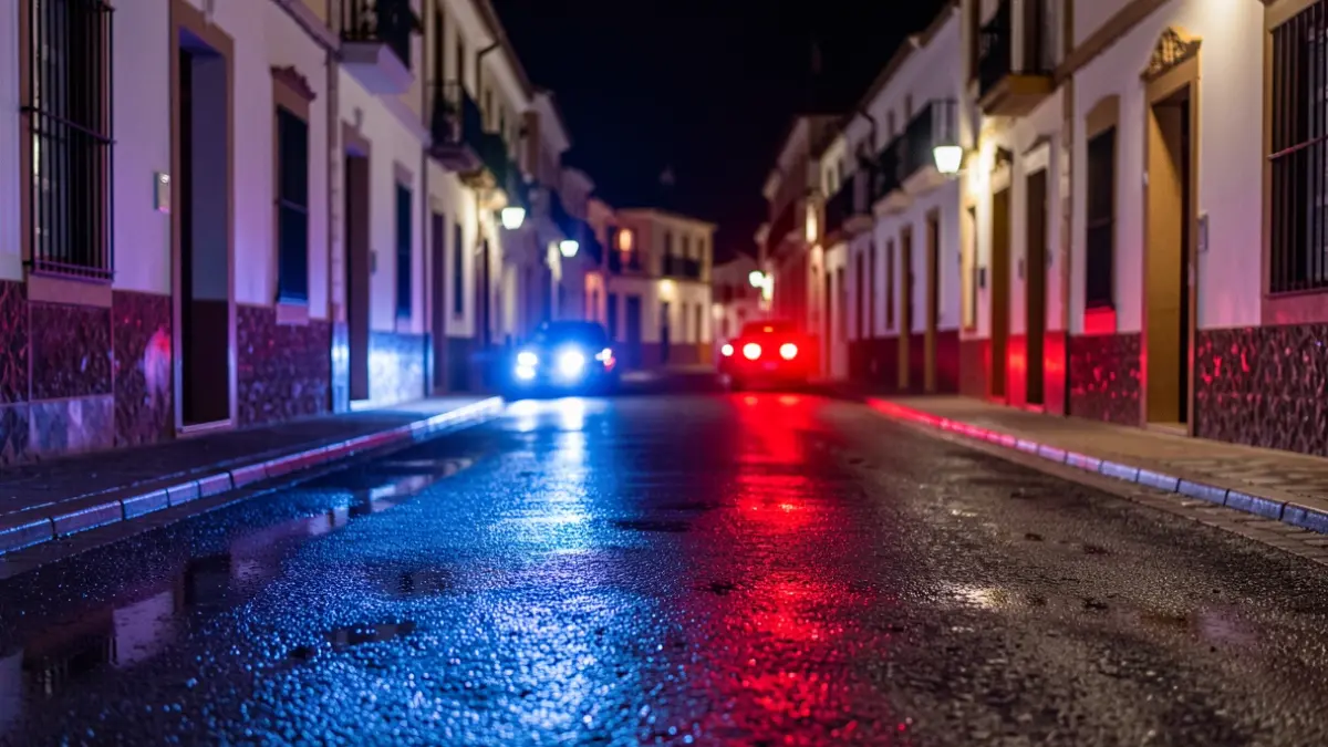 Imagen genérica de luces de emergencia policiales reflejándose en el asfalto mojado por la noche.