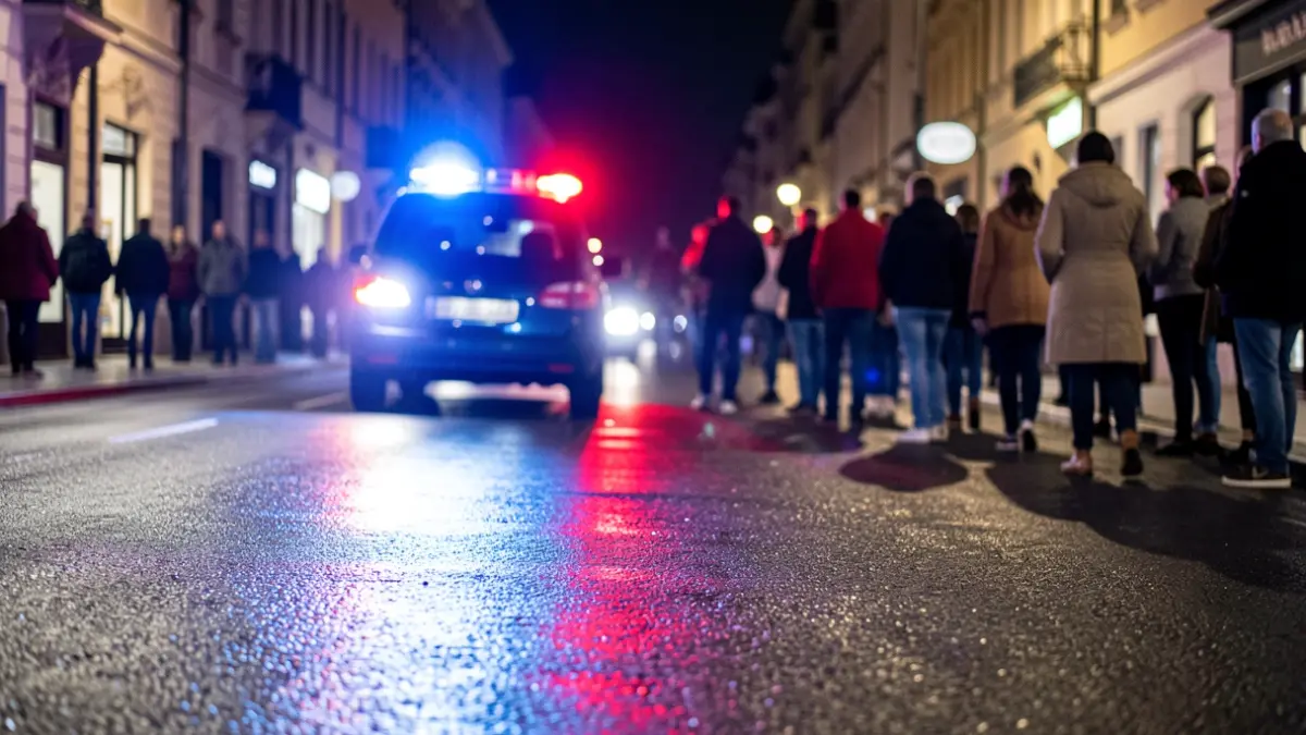 Generic image of police emergency lights reflecting on wet asphalt.