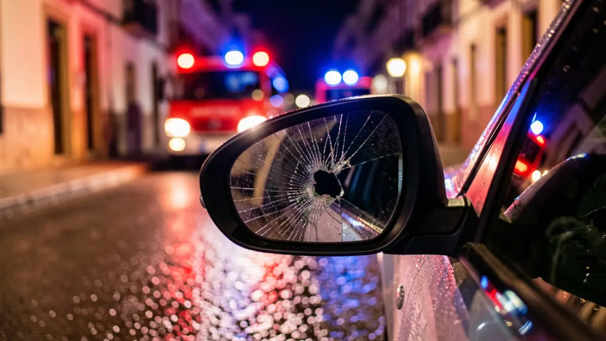 Generic image of a broken car side mirror in the dark with emergency lights.