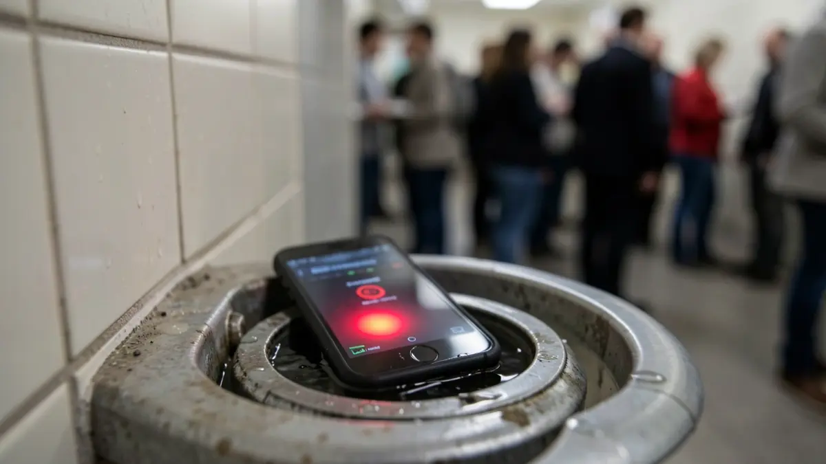 Close-up of a mobile phone partially submerged in a drainpipe, with a red recording light visible on the screen. Blurred tiled wall background.