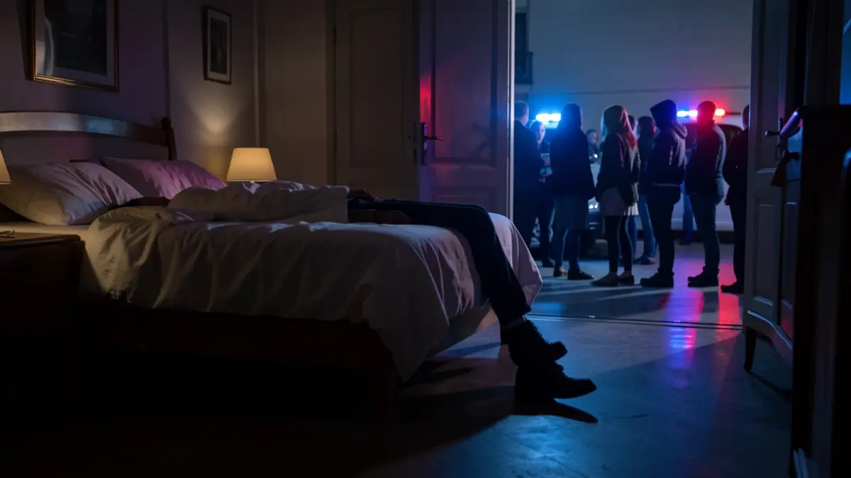 Image of a dark room with a person hidden under the bed and police lights.