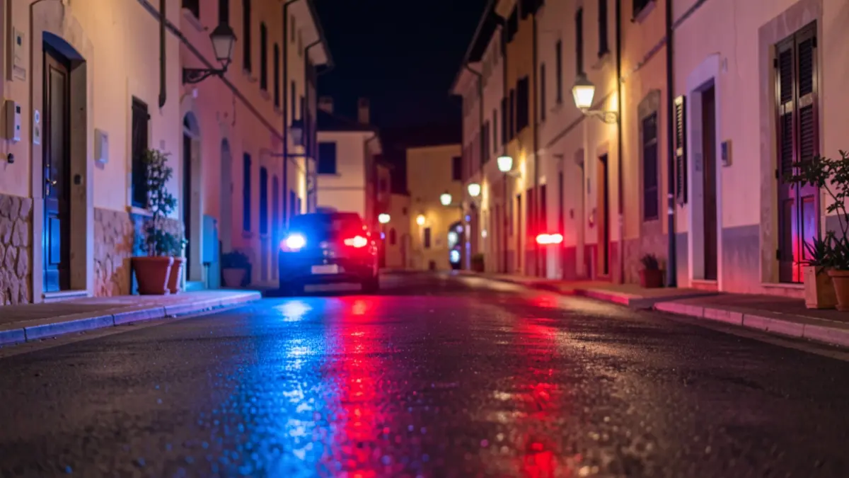 Imagen genérica de luces de emergencia policiales reflejándose en el asfalto mojado por la noche.