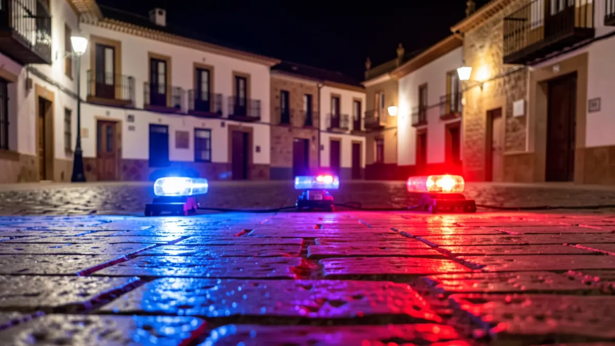 Imagen genérica de luces de emergencia policiales reflejándose en el asfalto mojado por la noche en una plaza española.