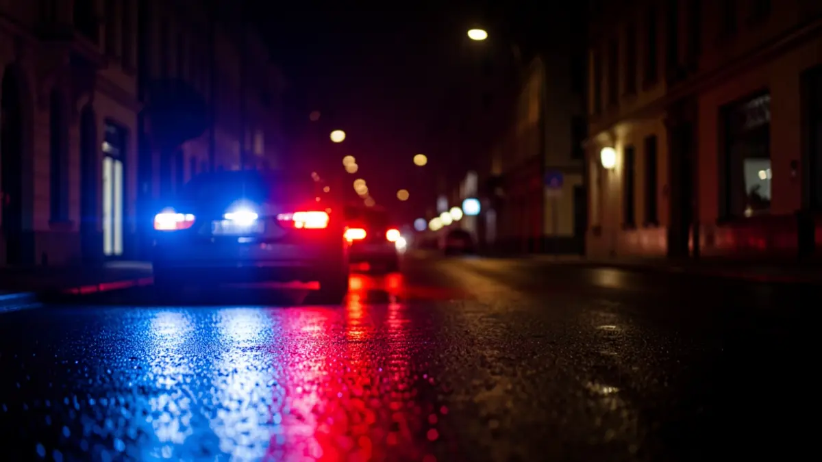 Imagen genérica de luces de emergencia policiales reflejándose en el asfalto mojado por la noche.