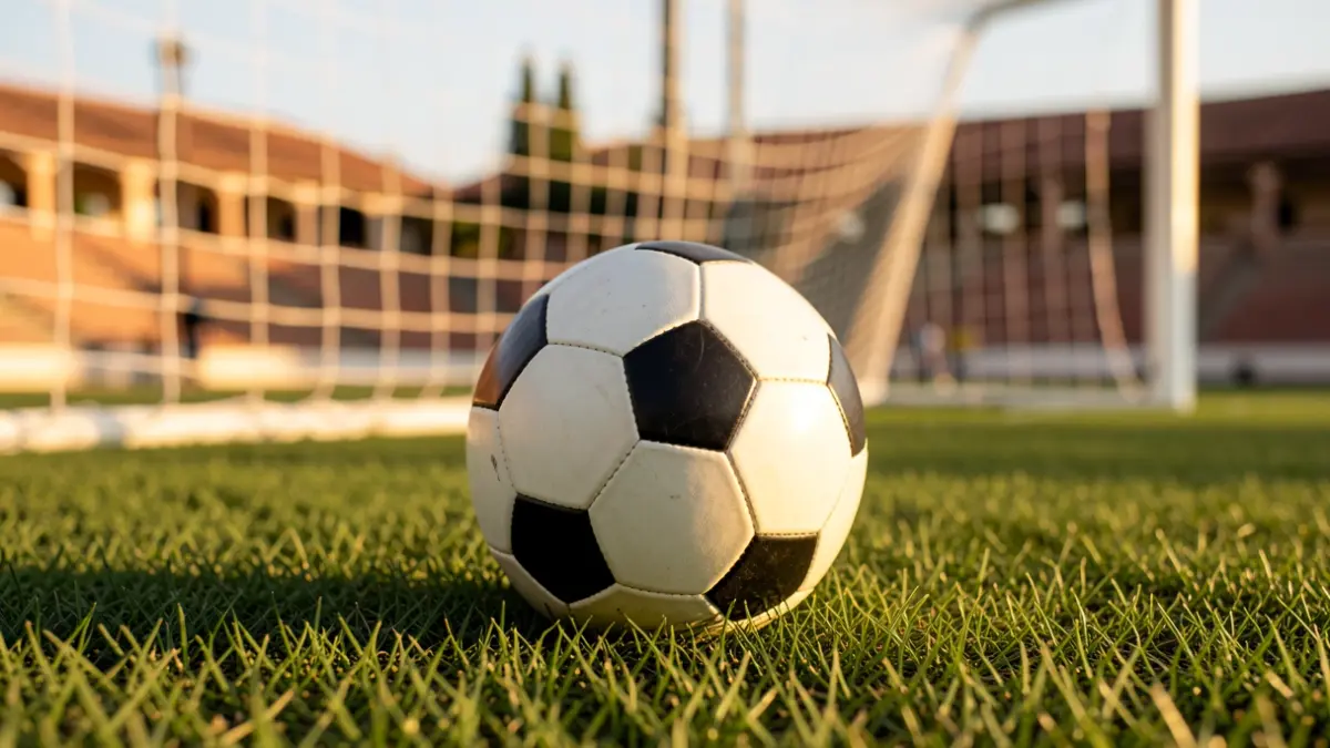 Generic image of a soccer ball on grass with the goal blurred in the background.