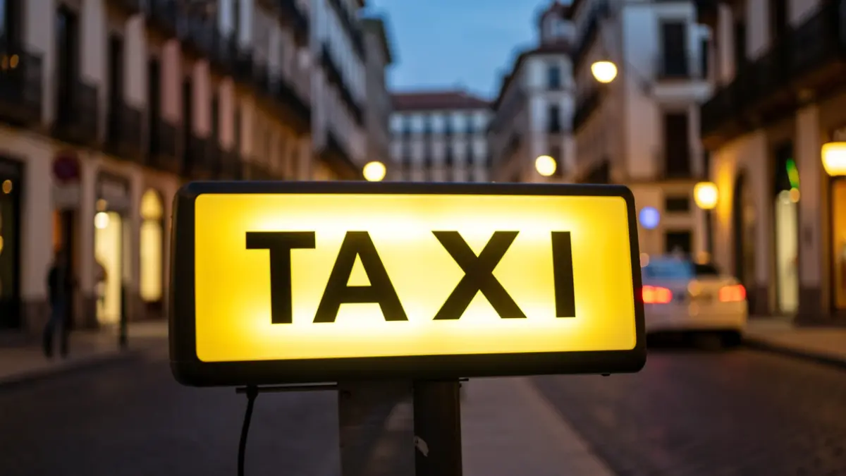 Letrero de taxi iluminado al atardecer en una calle de Granada.