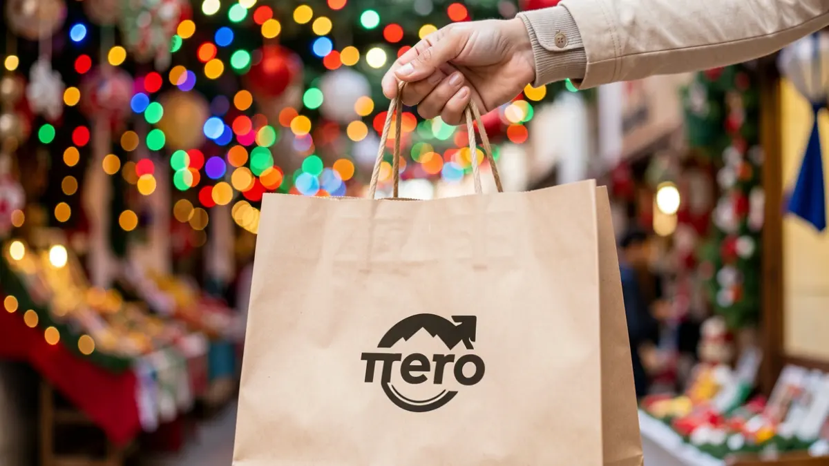 Imagen genérica de una mano con una bolsa de compras y luces festivas.