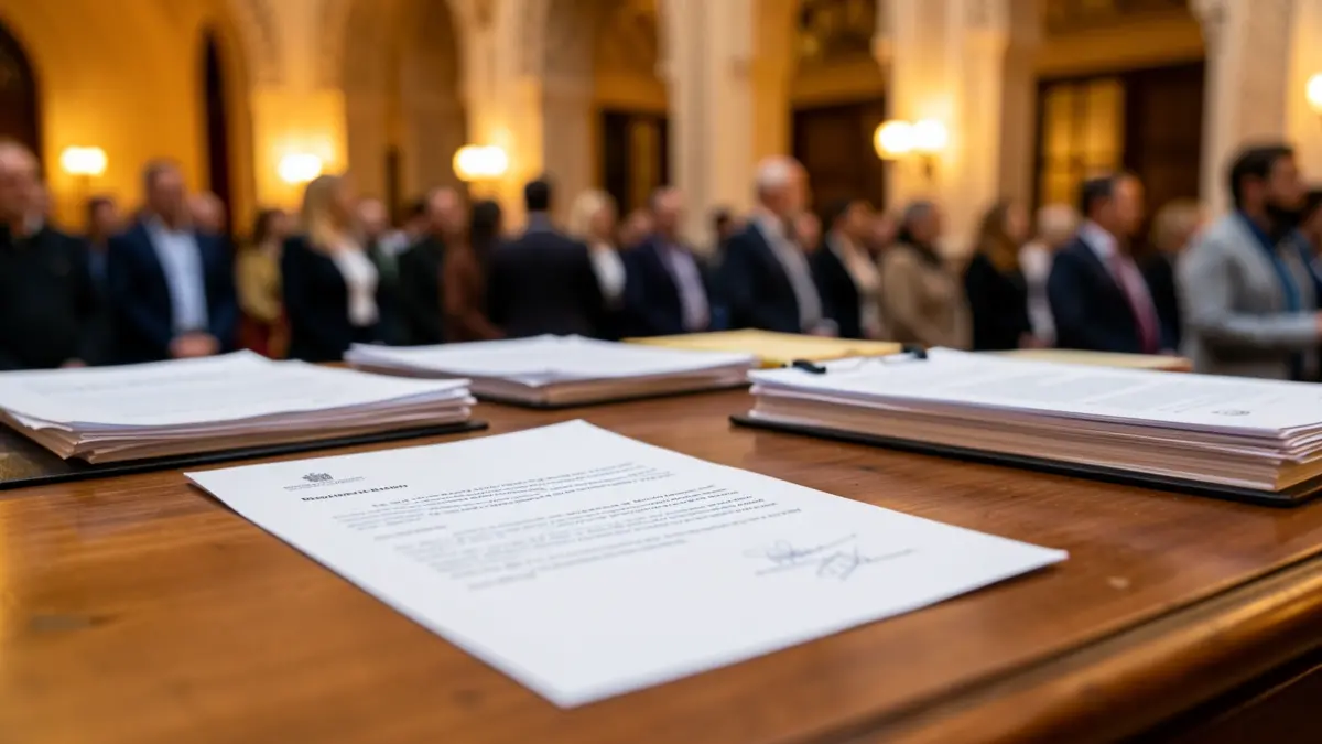 Close-up of a resignation letter on a wooden desk, with a blurred background of official government documents and Andalusian architecture.