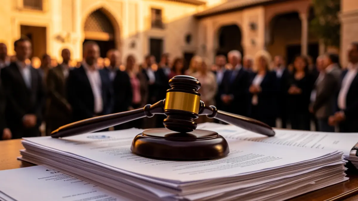 Generic image of a judge's gavel on documents with blurred Andalusian architecture.