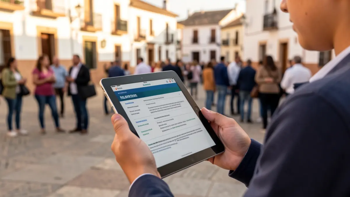 Primer plano de manos jóvenes sosteniendo una tableta con un plan de negocio, con el fondo de una plaza de pueblo andaluz.